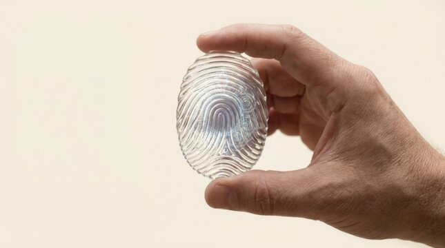 Human hand grasping a fingerprint as a symbol of digital identity and personal security in the modern age