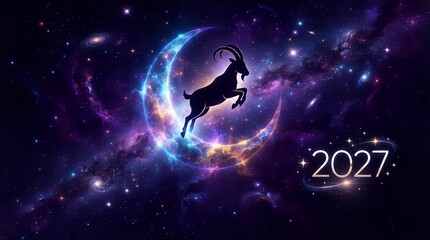 Fototapeta premium Silhouette of a leaping goat against a cosmic spiral galaxy with vibrant blue and purple nebula clouds, surrounded by stars and the year 2027 text overlay.