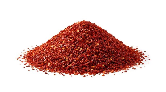A vibrant pile of dried aleppo pepper flakes isolated on a pure white background as a essential ingredient for mediterranean and middle eastern cuisine