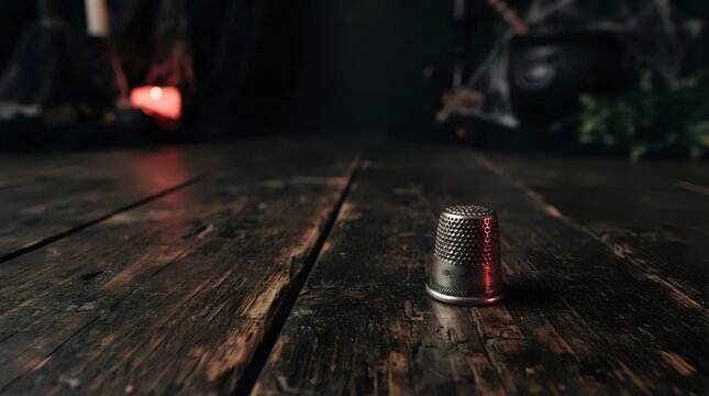 Metallic thimble resting on weathered wooden floorboards in dimly lit workshop setting with blurred background tools and warm lighting for crafting and sewing projects.
