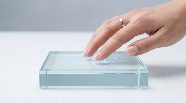 Individual's hand touching a glass object to highlight the human-ai collaboration concept in modern technology