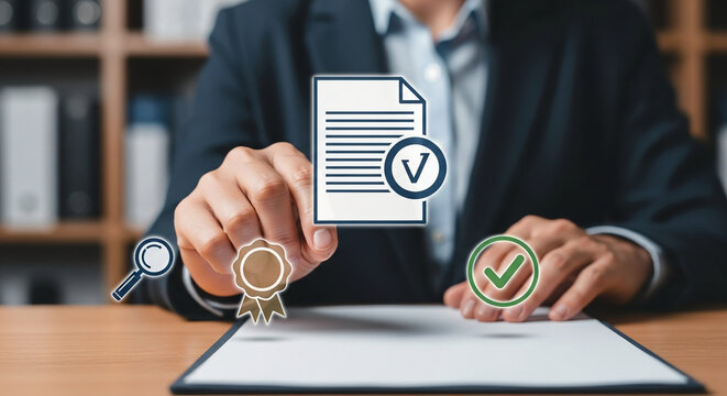 Professional Businessman Reviewing Digital Document with Verification Icons for Quality Assurance Compliance and Standard Certification Concept.