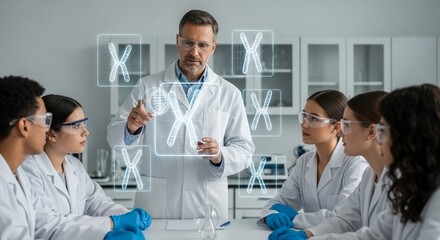 Fototapeta premium A male science teacher in a lab coat explains genetics to students using holographic chromosomes in a modern classroom setting, showcasing educational technology.