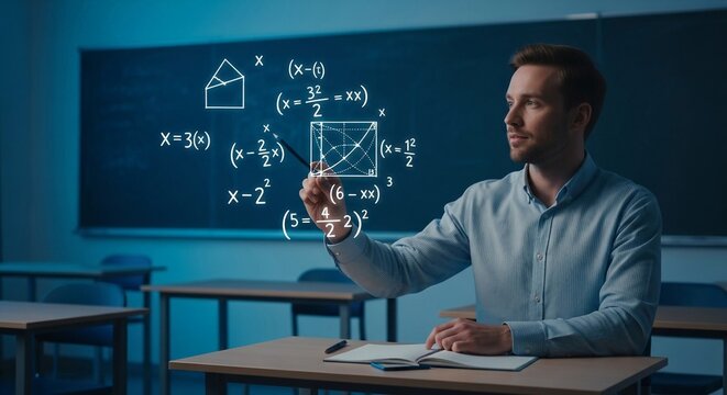 A dedicated teacher uses a futuristic holographic display to explain complex mathematical equations in a modern classroom setting.