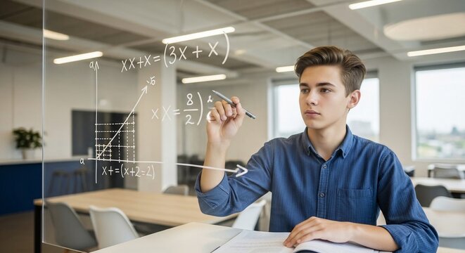 A focused teenager intensely practicing calculus equations and graphs in a modern classroom setting