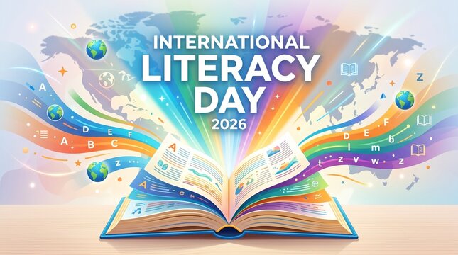 An open book radiates colorful educational elements.
