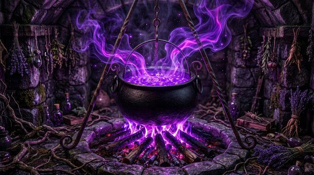 A mysterious iron cauldron brewing magic.

