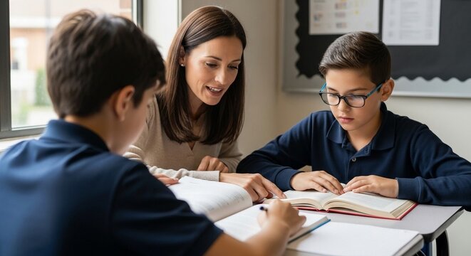 Attentive teacher guiding two students with books in a classroom setting for focused learning