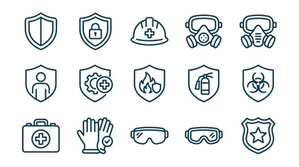 Fototapeta premium Collection of safety and protection icons shield hard hat respirator first aid kit gloves goggles biohazard fire extinguisher badge