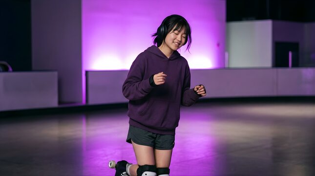 A young woman skating with headphones in a neon purple indoor rink