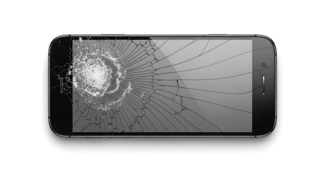 Broken smartphone screen showing damage and cracks isolated on white background