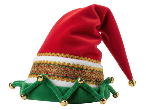 A festive elf hat sitting atop a pair of green elf shoes with red trim.