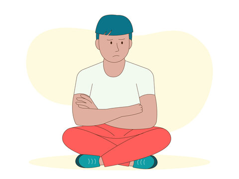 A young man appearing unhappy while sitting cross-legged. Hopeless illustrations. Flat vector concepts.