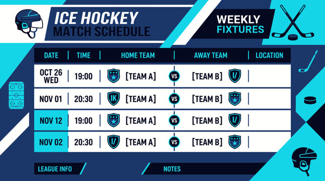 Ice hockey match schedule template layout with weekly fixtures and team match-up details