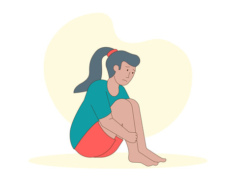 A young woman sits looking sad, conveying feelings of despair, anxiety, or depression. Hopeless illustrations. Flat vector concepts.