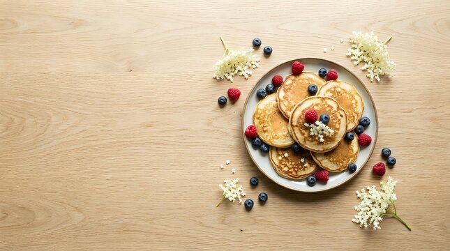 Fluffy pancakes topped with berries and powdered sugar served on white plate with fresh blueberries and elderflower garnish on wooden surface.