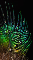Dramatic macro photograph of an iridescent peacock feather covered with crystal-clear water droplets, revealing vivid green and blue feather details against a dark background. © Macro Buddy