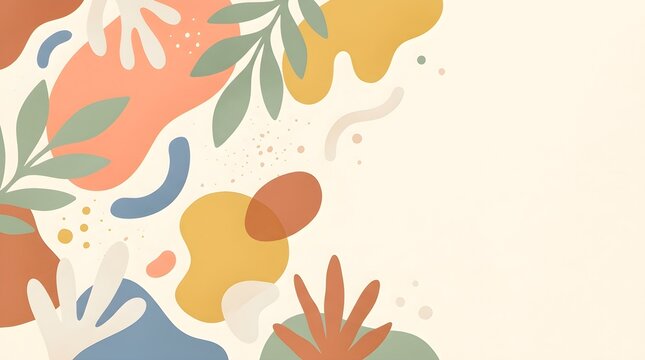 Abstract floral pattern features soft organic shapes and leaves in muted colors.