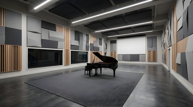 Grand piano in a professional music recording studio with acoustic panels