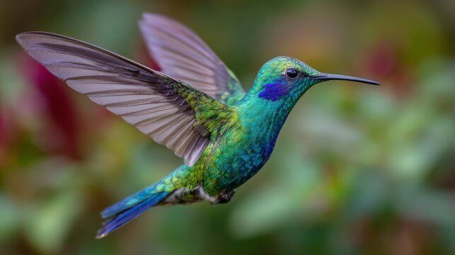Green violet-ear hummingbird in flight, colibri thalassinus hovering against green background in costa rica, tropical wildlife, exotic bird, nature and birdwatching concept