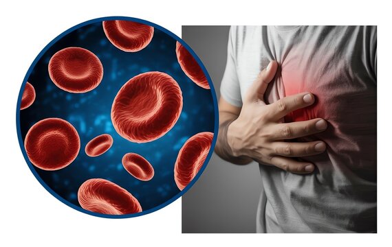Man holding chest in pain with microscopic blood cells showing heart attack and cardiovascular disease