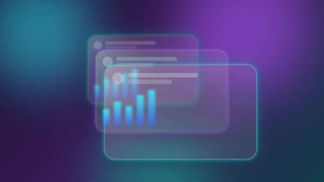 Frosted Glass UI Card Stack Rising in Depth over Indigo Violet Gradient Blob Background, Modern Glassmorphism Dashboard Motion Graphic, 4K Horizontal Tech Intro