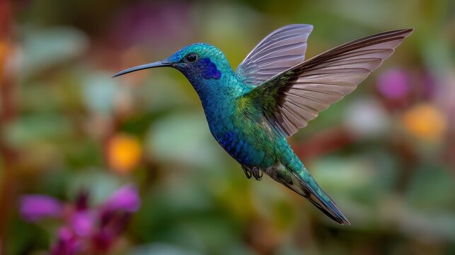 Green violet-ear hummingbird in flight, colibri thalassinus hovering against green background in costa rica, tropical wildlife, exotic bird, nature and birdwatching concept