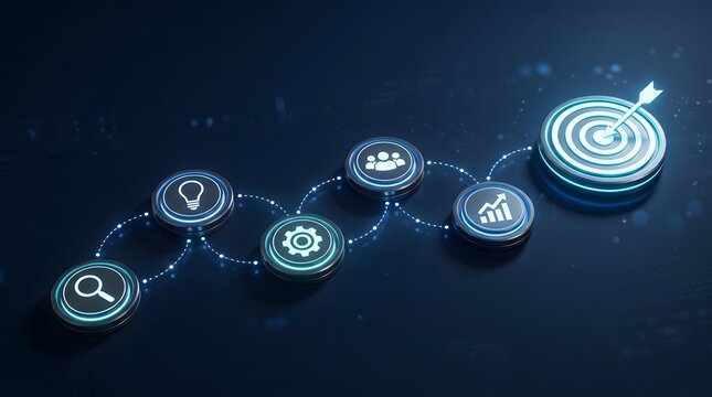 Digital strategy roadmap concept showing connected business process nodes navigating toward an illuminated target