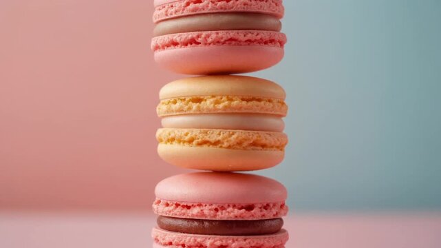 A vertical stack of three colorful pastel macarons against a pink and blue background.
