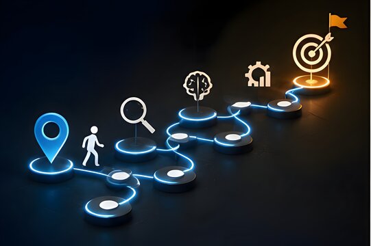 Customer journey mapping concept with glowing path and location pin leading to strategic business target