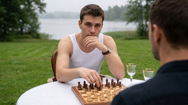 Two men playing chess outdoors by a lake, one man in a white tank top looking thoughtfully at the board.