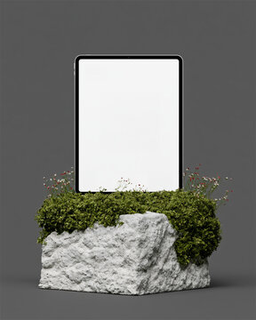 Tablet mockup blank white screen modern pedestal stone moss flowers organic product display presentation aesthetic branding template gray background copy space