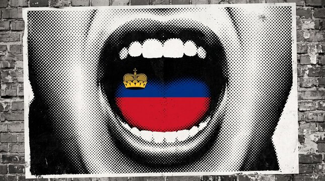 A person's open mouth screaming, with the flag of Liechtenstein inside, against a gritty brick wall background.