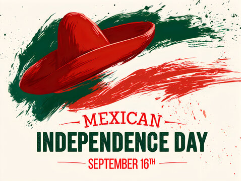 Mexican independence day celebration design with a red sombrero and artistic brush strokes