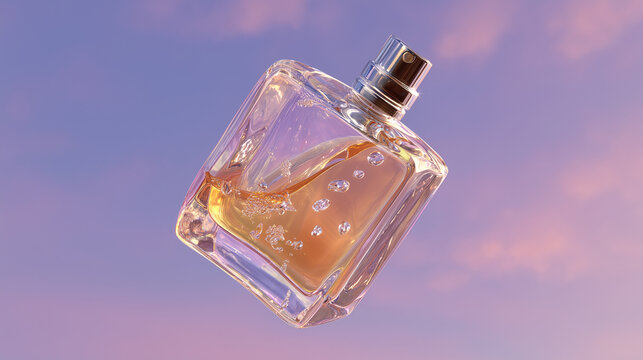 A square glass perfume bottle appearing to float in mid-air against a backdrop of twilight clouds in soft, alluring pastel shades of lilac, lavender, and peach.