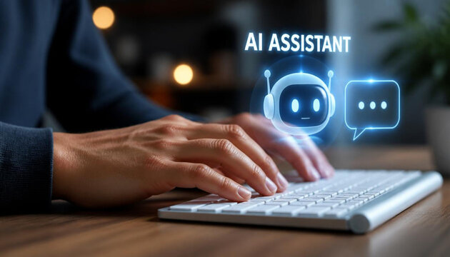 Person typing on modern white keyboard interacting with glowing blue artificial intelligence robotic virtual assistant interface