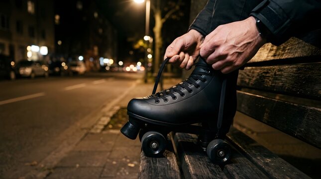 Person tying shoelaces on black roller skates outdoors at night