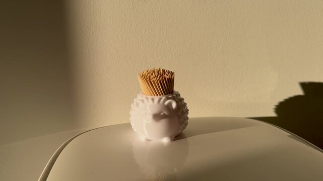 A slow lateral shot frames a white ceramic hedgehog toothpick holder filled with wooden picks on a glossy tabletop, with sharp shadows and striped window light on the wall.