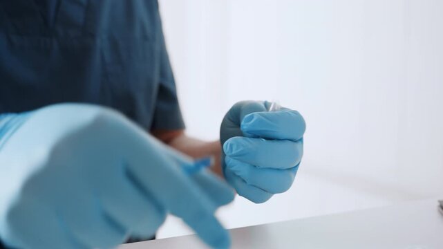 Tranquil medical treatment performed carefully. Peaceful procedure where paramedic carefully prepares injection. Calm and careful medical procedure executed by paramedic preparing injection