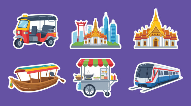 Colorful vector illustration collection featuring iconic Thailand landmarks transportation modes and vibrant street food stalls set against a solid purple background