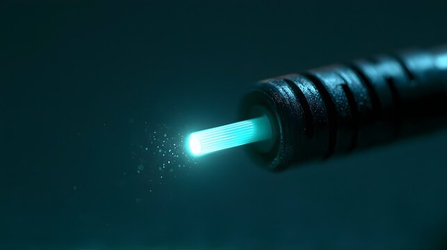 Macro Fiber-Optic Cable End Glowing Cyan
