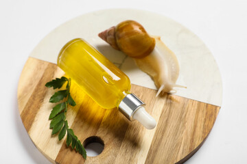 Tray, giant Achatina snail and bottle of cosmetic product on white background, closeup © Pixel-Shot