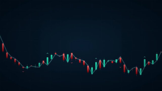 Financial stock market growth and decline analysis with digital candlestick graph on dark background