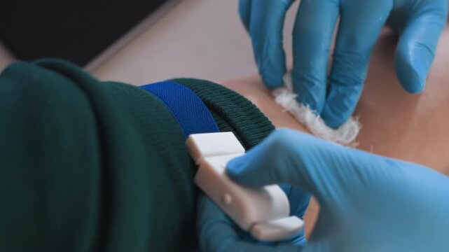 Nurse disinfects venipuncture area. Medical professional sanitizes puncture site using antiseptic tools. Careful cleaning of venipuncture site by nurse with antiseptic after blood draw