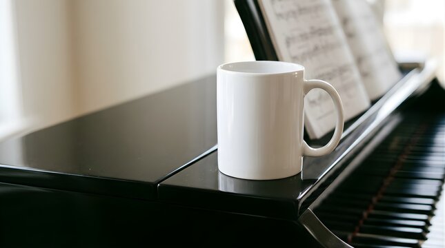 White mug on a black grand piano with musical notes in a bright room
