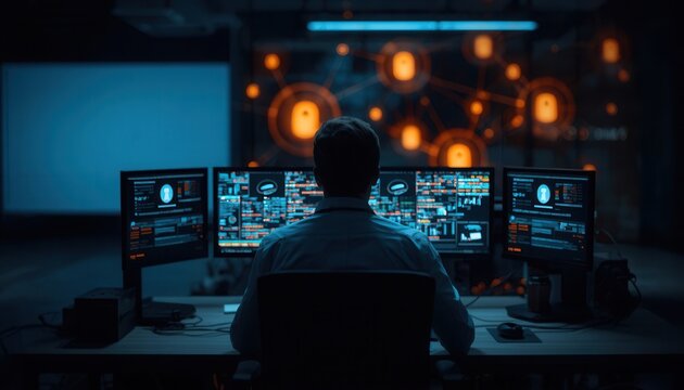 Cybersecurity Expert at Work: A focused individual works in a dimly lit control room, surrounded by multiple computer monitors displaying complex data and network diagrams.