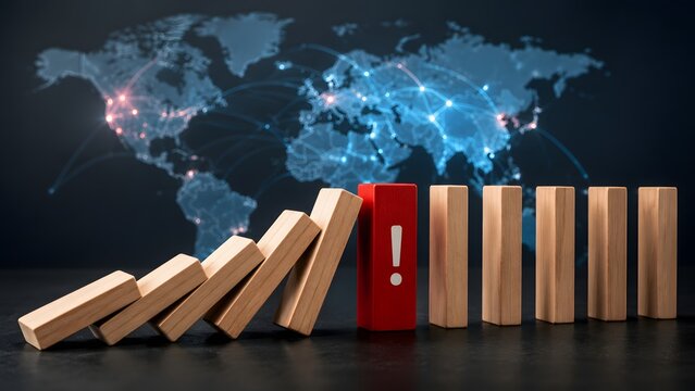 Global supply chain risk management concept featuring falling wooden dominoes stopped by a red warning block over a digital world map.