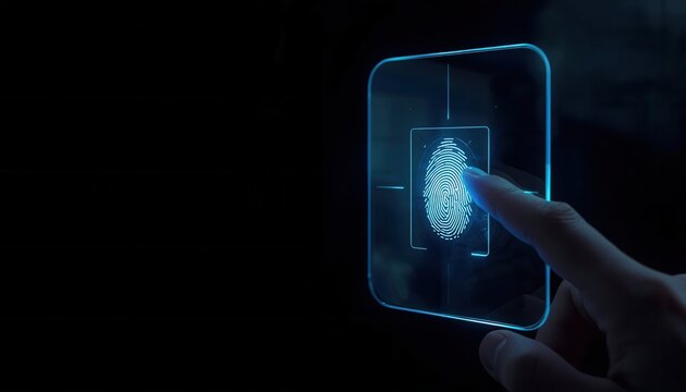 Digital Identity Verification: A close-up shot shows a finger interacting with a futuristic interface, activating a glowing blue fingerprint scan, symbolizing advanced security and data protection.
