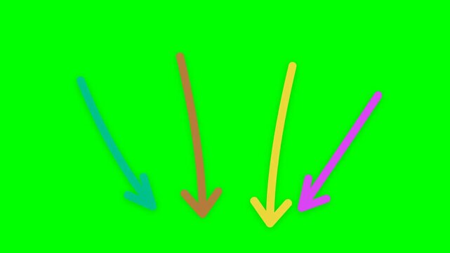 Set of Hand Drawn Colorful Arrows Pointing Down Animation Shimmering on Green Screen Background