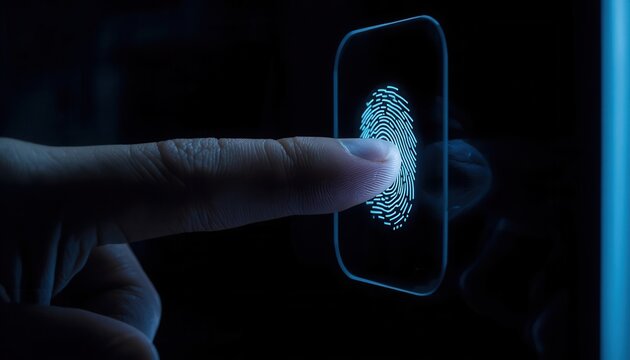 Fingerprint Scan Security: A close-up shot captures a finger pressing against a glowing blue screen, initiating a fingerprint scan for secure access and advanced authentication.